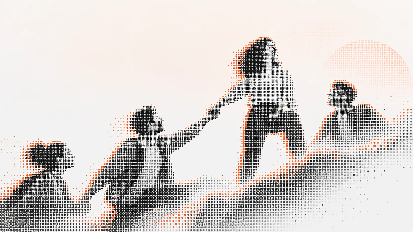 Halftone illustration of four people climbing a hill, one reaching back to pull another up.